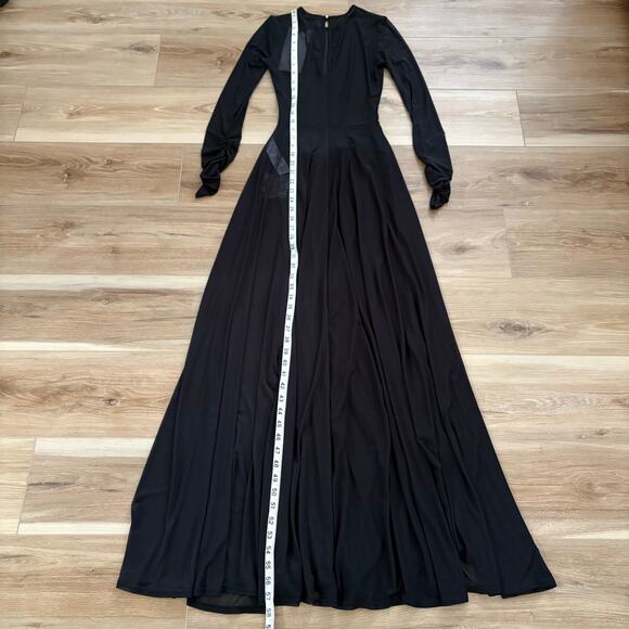 Club L London KOAMI Black Mesh Long-Sleeve Ruched Maxi Dress High Split 4 - Picture 9 of 13